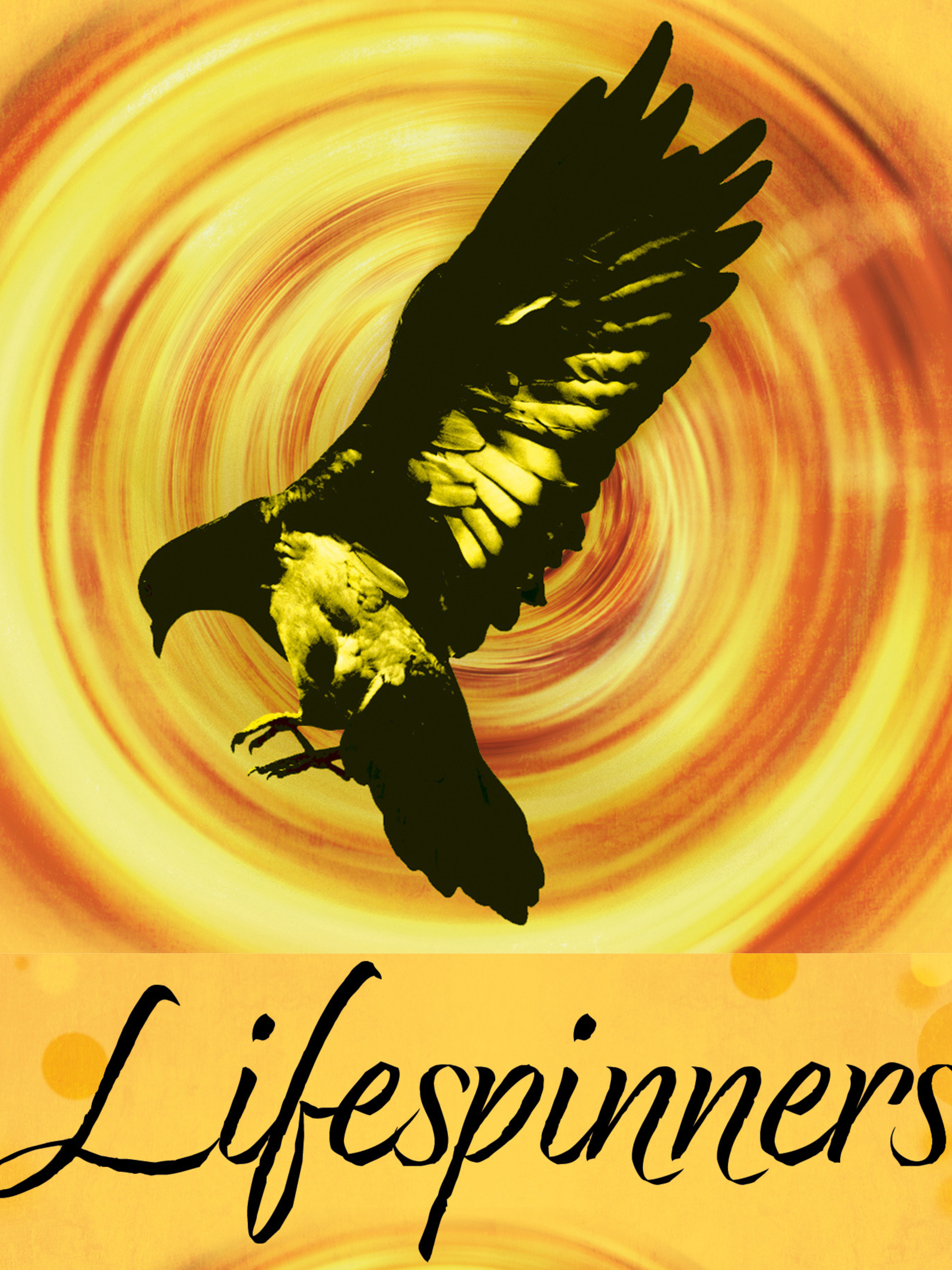 The Lifespinners logo, showing a flying pigeon in front of a gold and yellow spiral swirling into the distance. The title 'Lifespinners' is written below